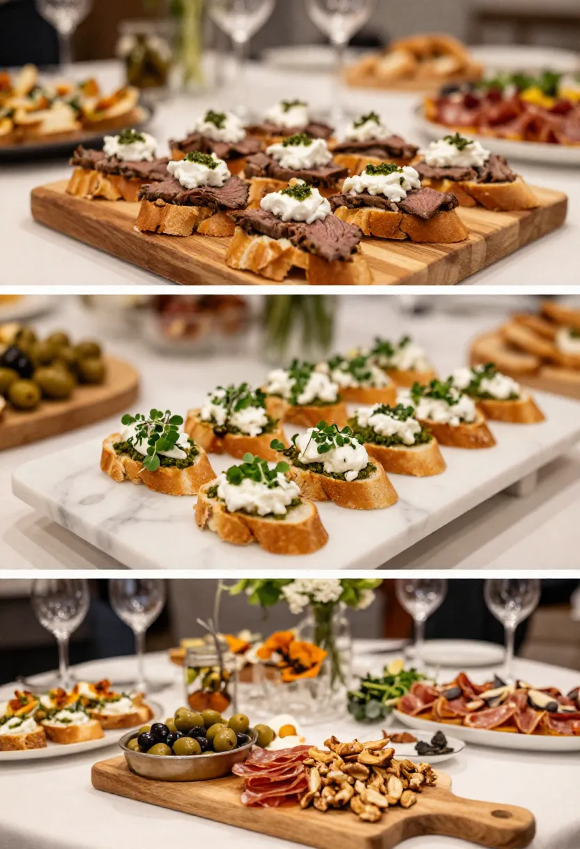 Collage of elegant crostini appetizer serving ideas