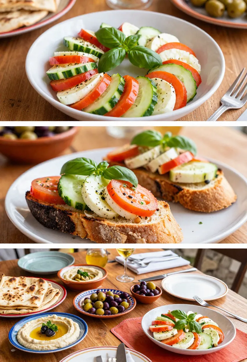 Cucumber Caprese salad served with bread and Mediterranean dishes
