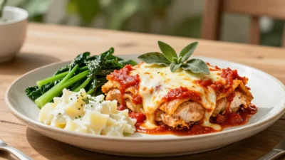 Chicken parmigiana with sage, greens and potato salad on plate