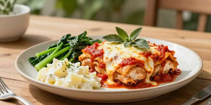 Chicken parmigiana with sage, greens and potato salad on plate