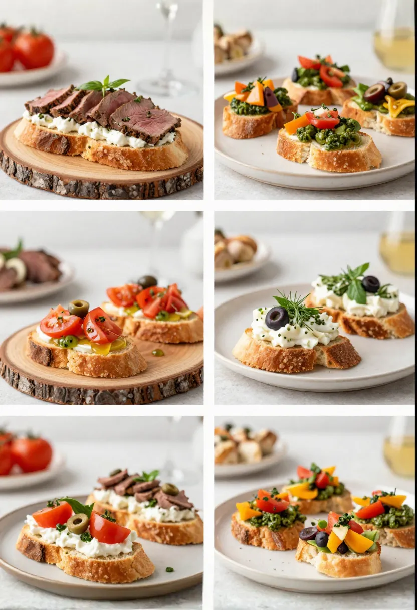 Collage of assorted crostini appetizers on serving boards