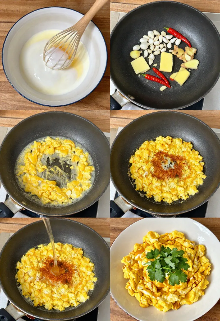 Collage showing step-by-step curried scrambled eggs cooking process.