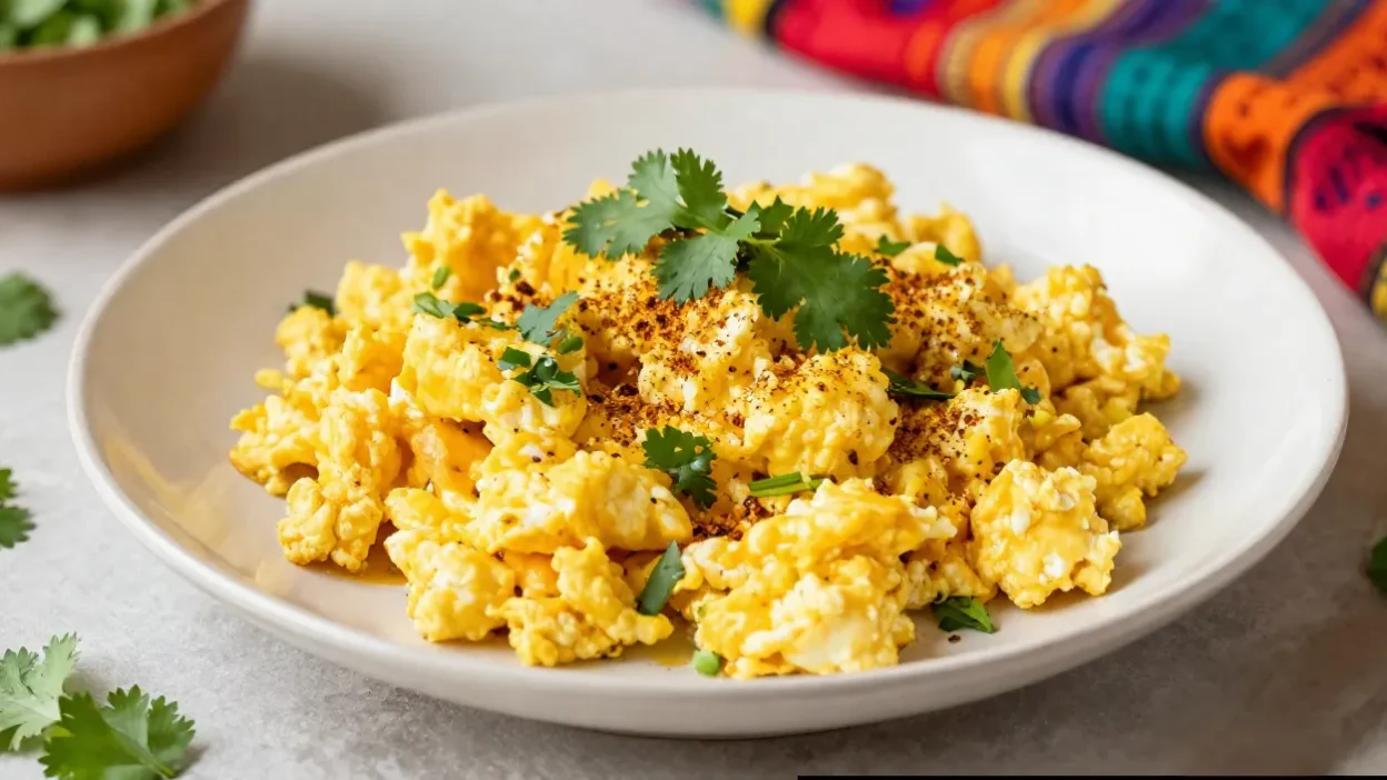 Golden curried scrambled eggs with herbs in festive setting.