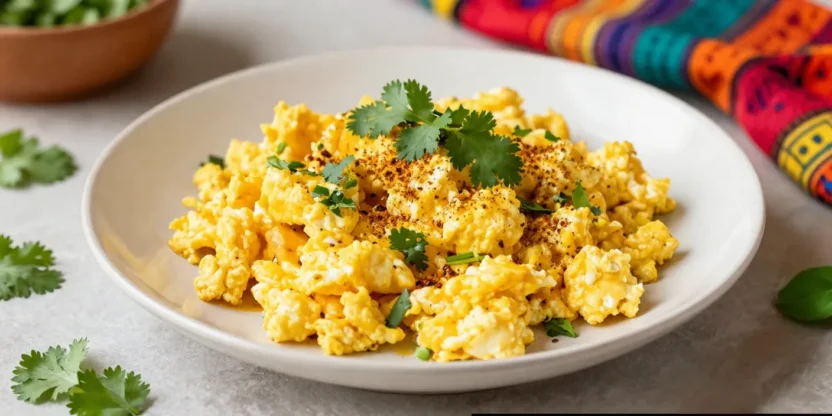 Golden curried scrambled eggs with herbs in festive setting.