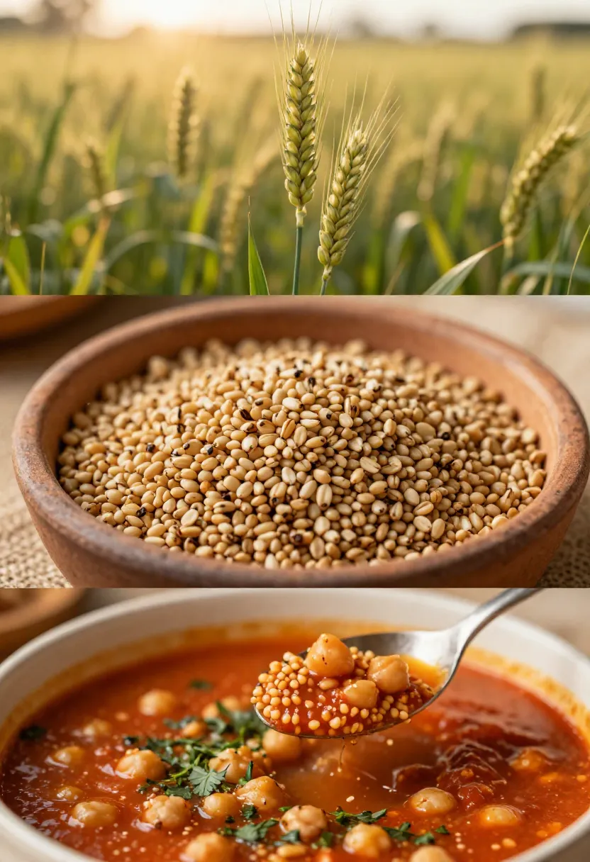 Freekeh grain collage showing wheat, roasted grains, and soup