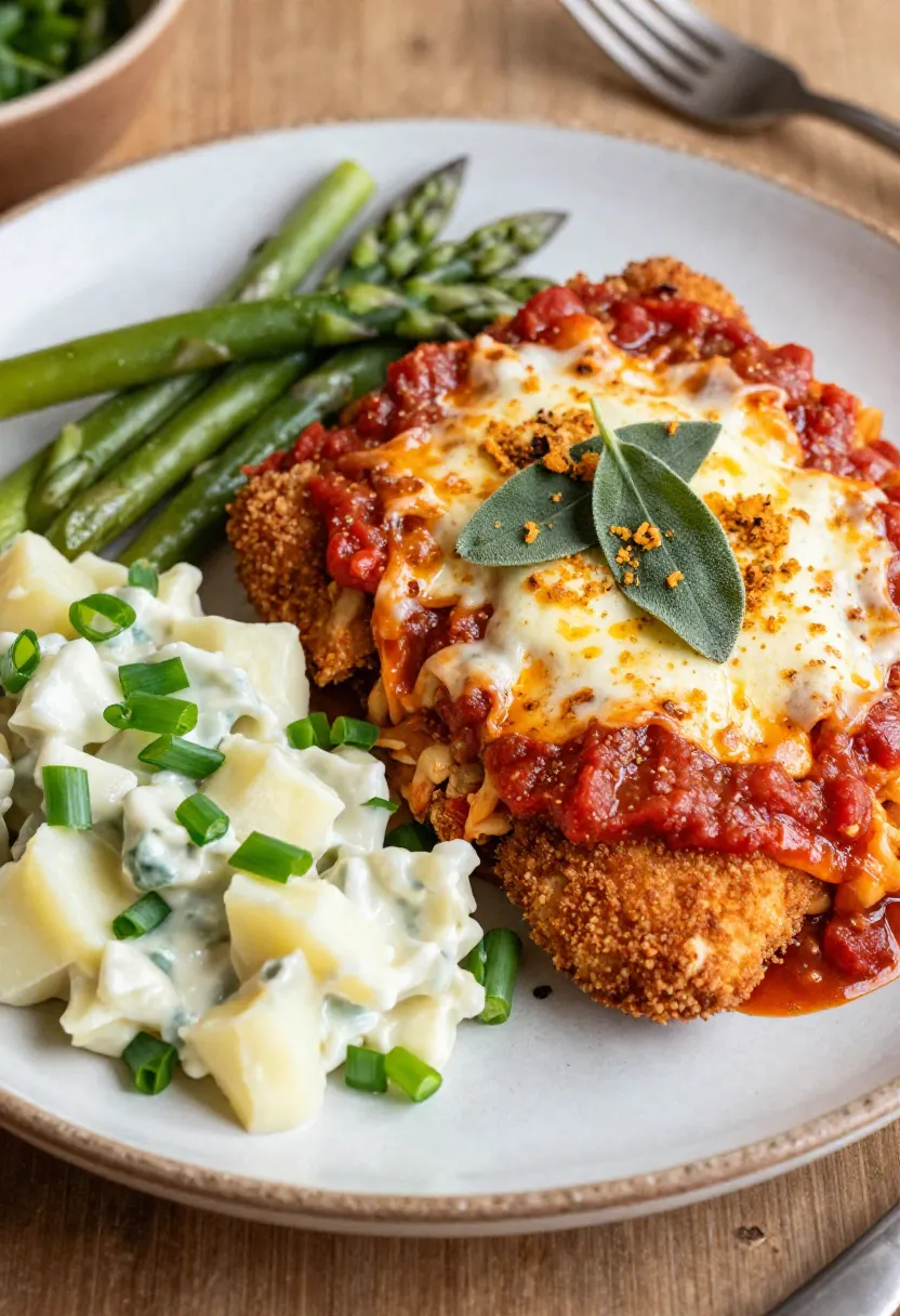 Chicken parmigiana with crispy chicken fillet, sage and potato salad