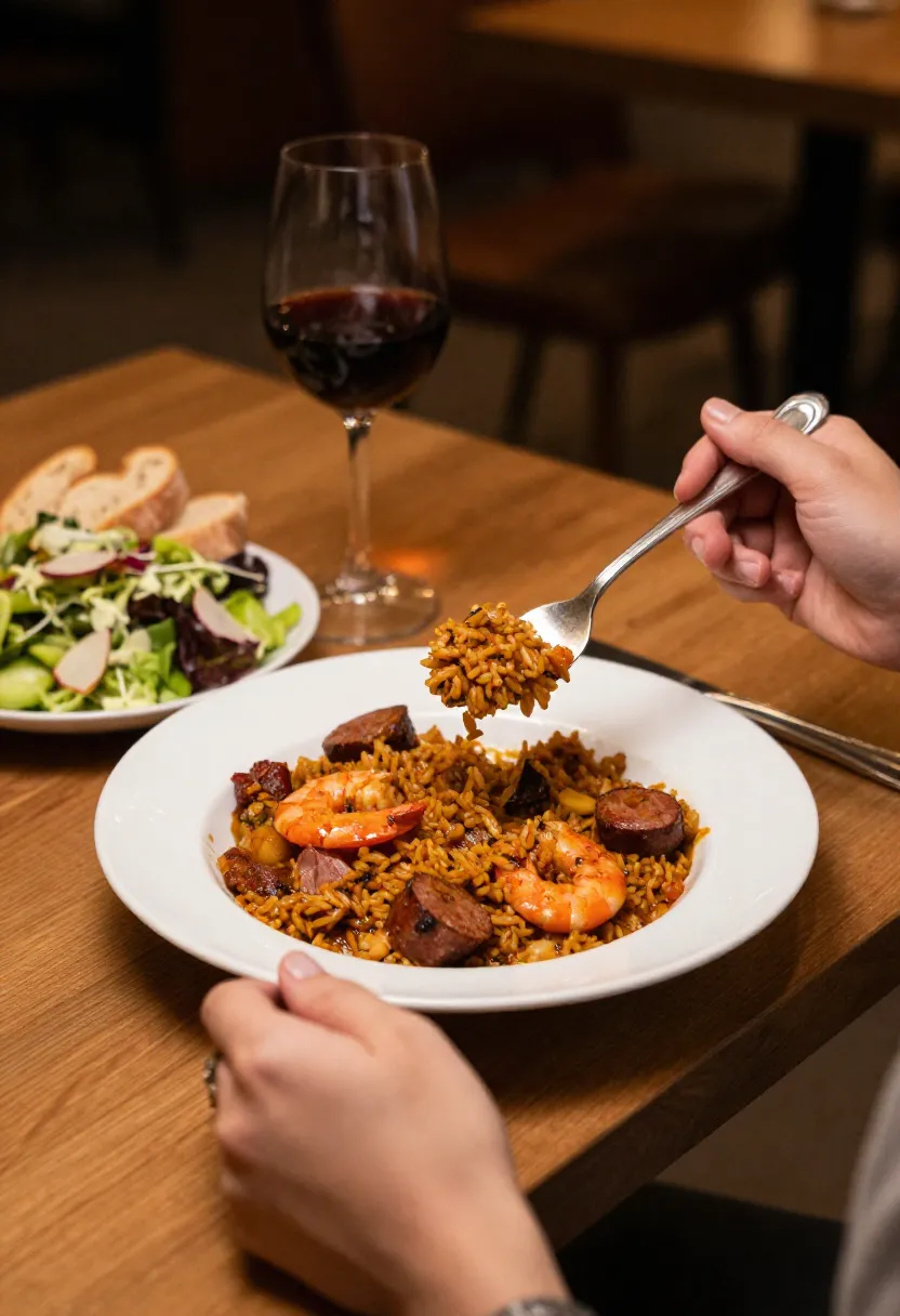 Person enjoying jambalaya at a cozy table with wine and sides