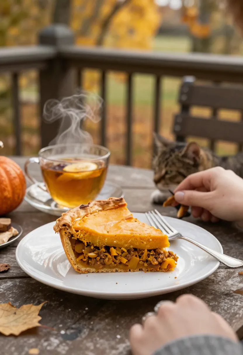 Slice of pumpkin shepherd’s pie with tea on cozy autumn veranda