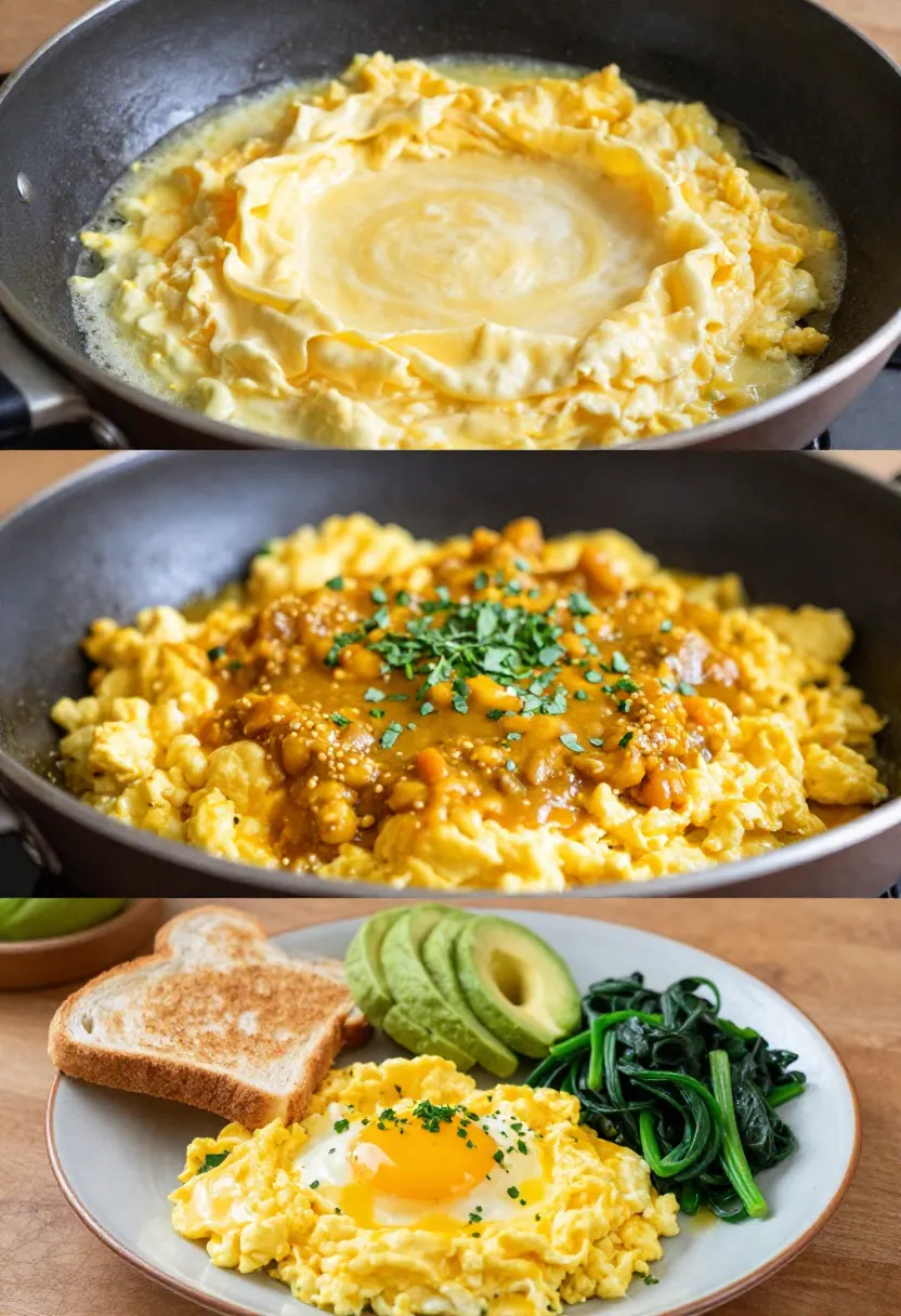 Collage of creamy curried scrambled eggs with breakfast sides.