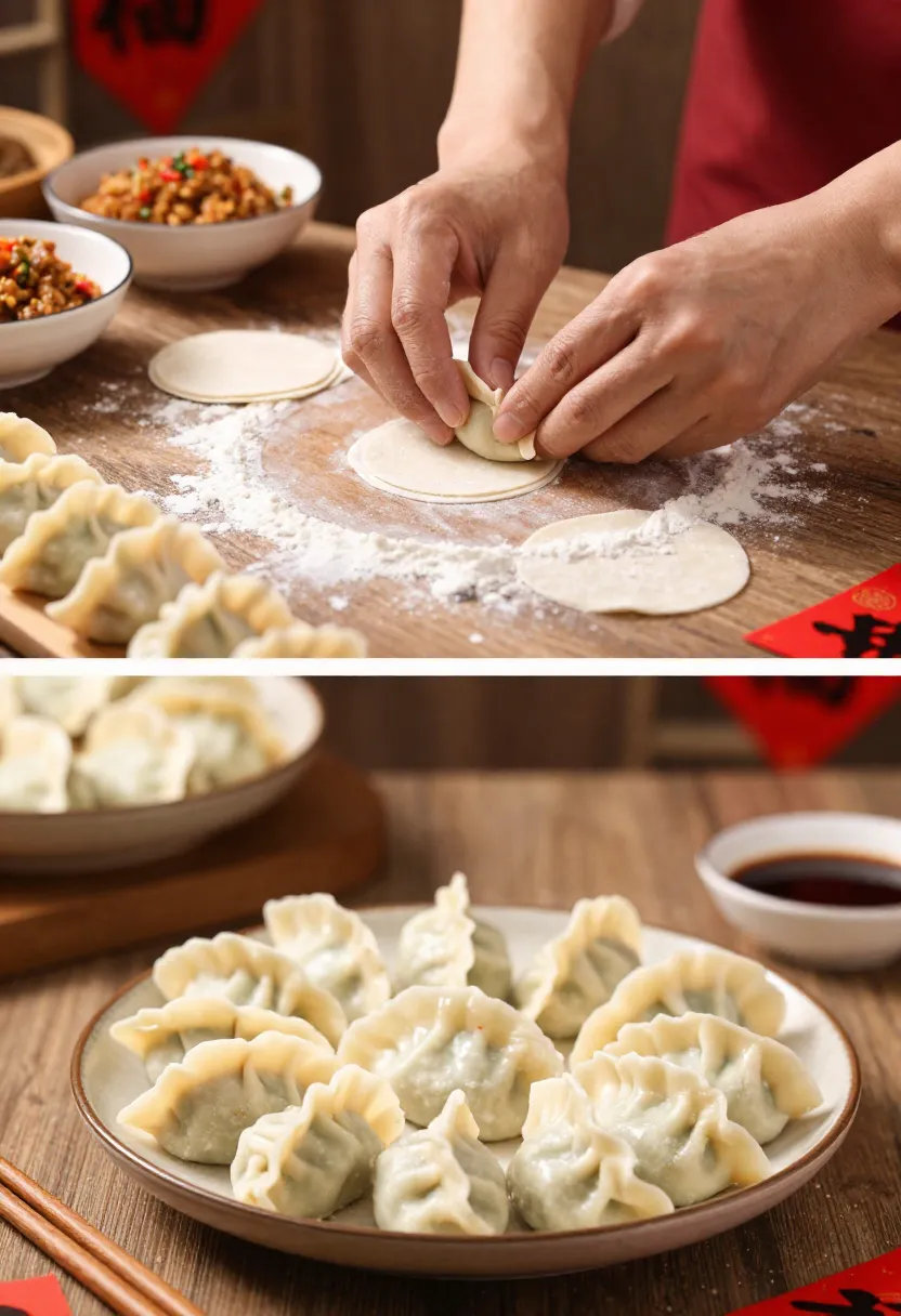 Hands making Chinese dumplings for Lunar New Year celebration.