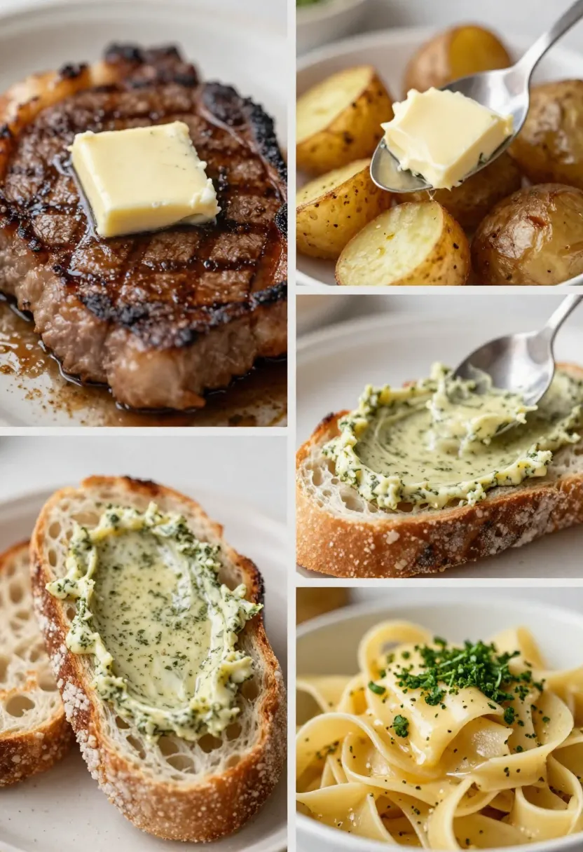 Collage showing garlic herb butter melting on steak, bread, pasta, and roasted potatoes.