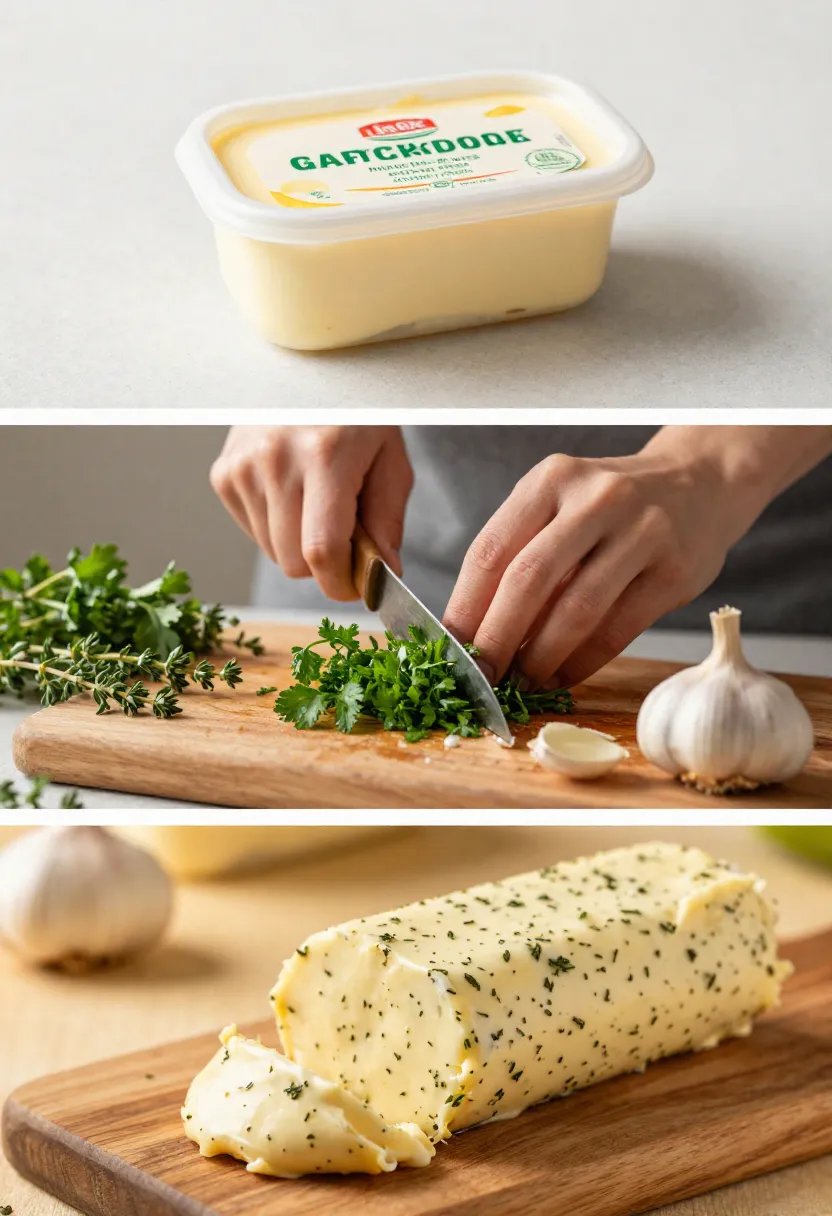 Collage of fresh herbs, mixing garlic herb butter, and finished butter log in warm natural light.
