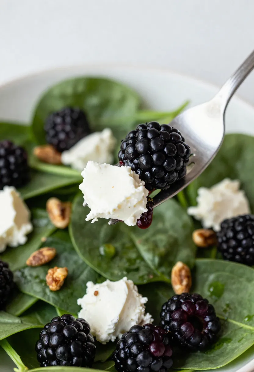 Close-up of spinach berry salad showing textures and dressing