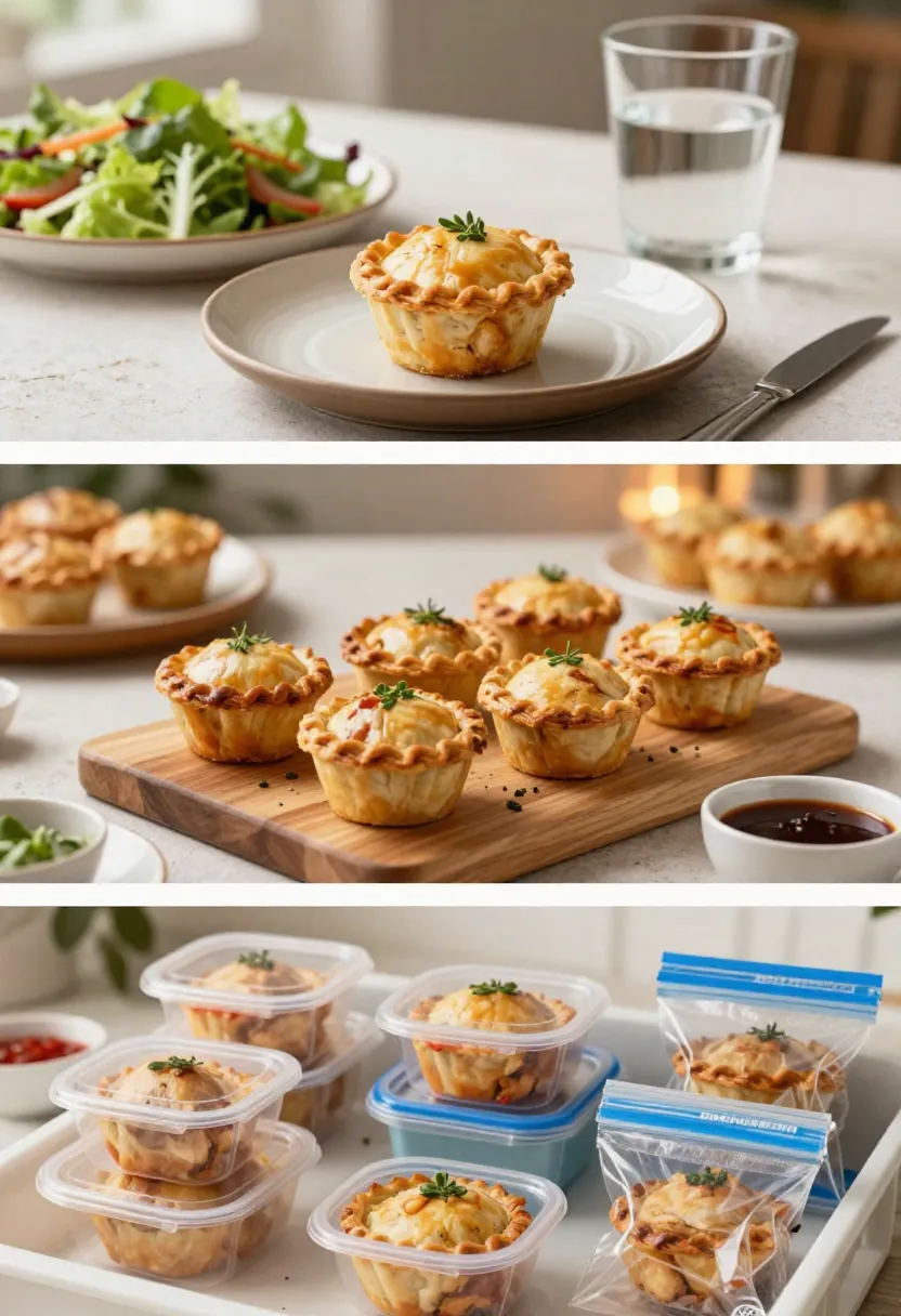 Three-scene collage of mini chicken pot pies for dinner, entertaining, and freezer storage.