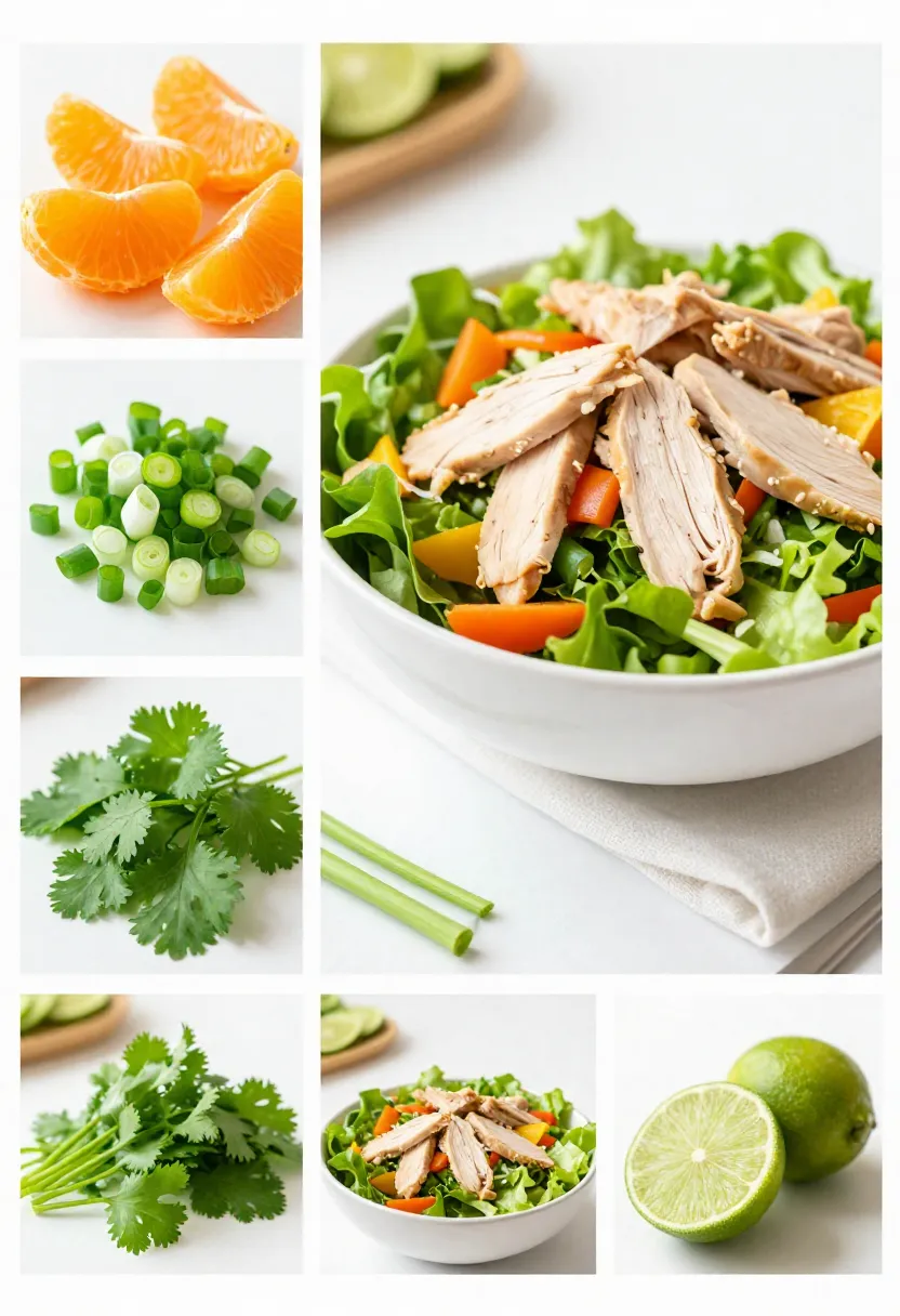 Collage of chicken salad with fresh ingredients like mandarin, herbs, and lime