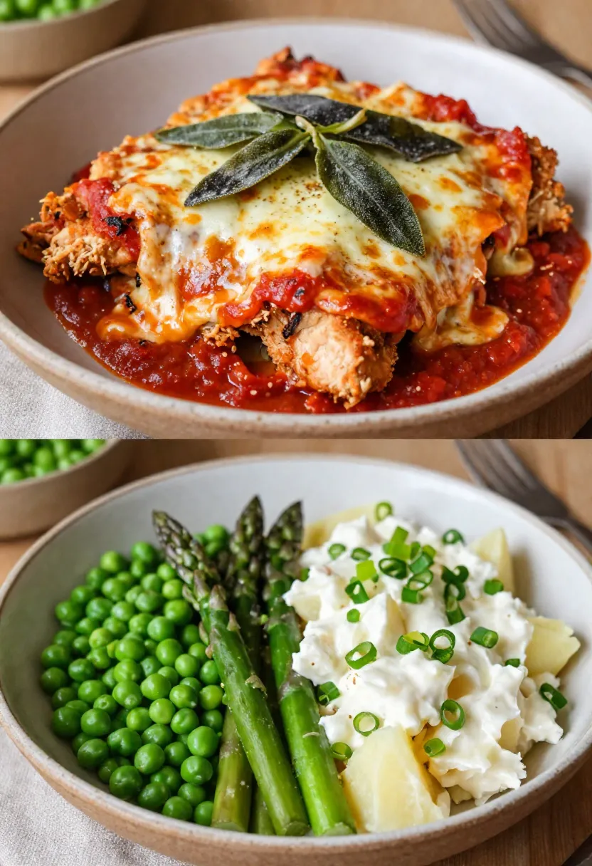 Chicken parmigiana with sage and greens with potato salad collage