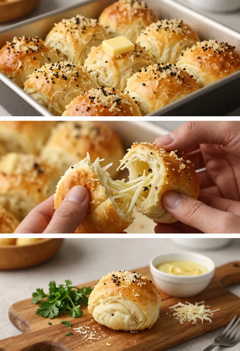 Collage of garlic Parmesan pull-apart rolls showing golden crust, soft interior, and layers being pulled apart.