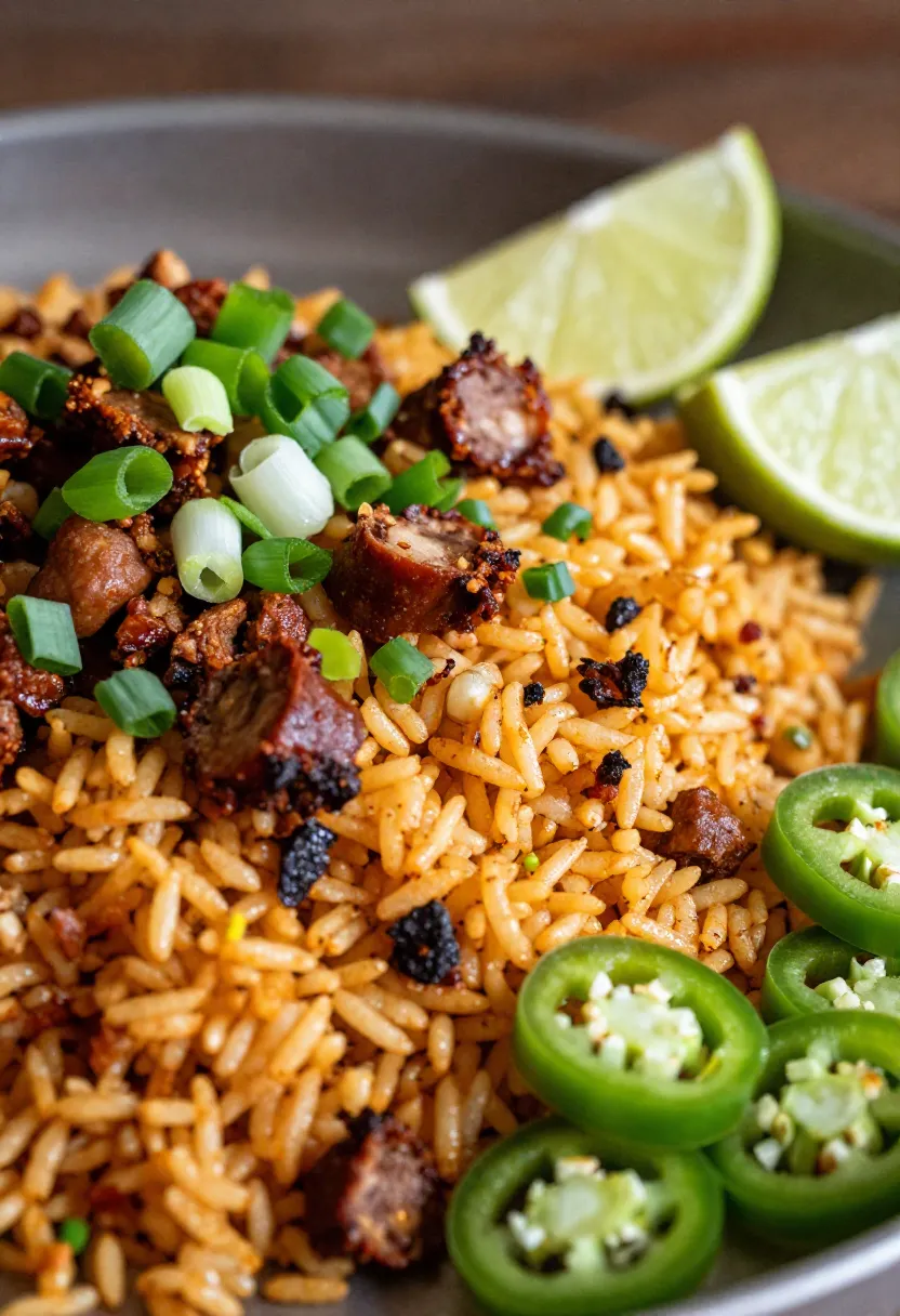 Mexican fried rice with chorizo, lime, and jalapeños showing texture and contrast