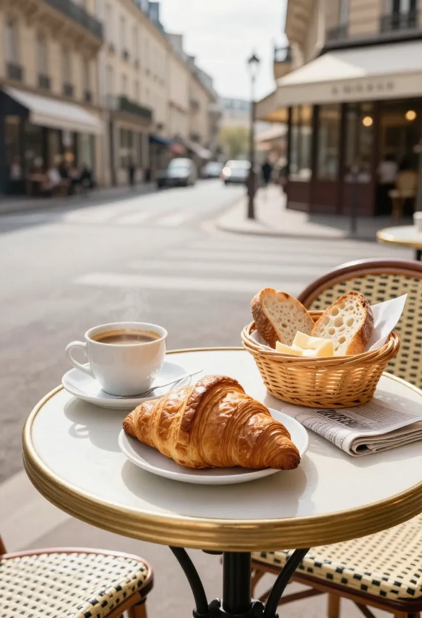 French café breakfast with croissants and coffee on table.