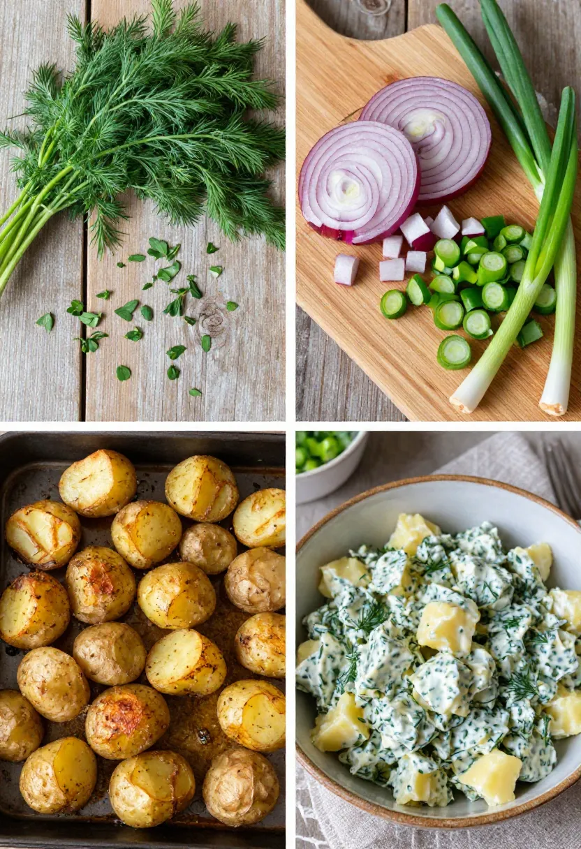 Mosaic of dill, herbs, onions and roasted potatoes for salad