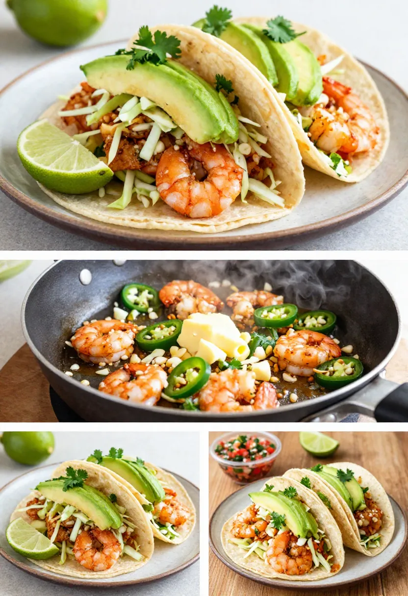 Garlic butter shrimp tacos with avocado, cabbage, and lime.