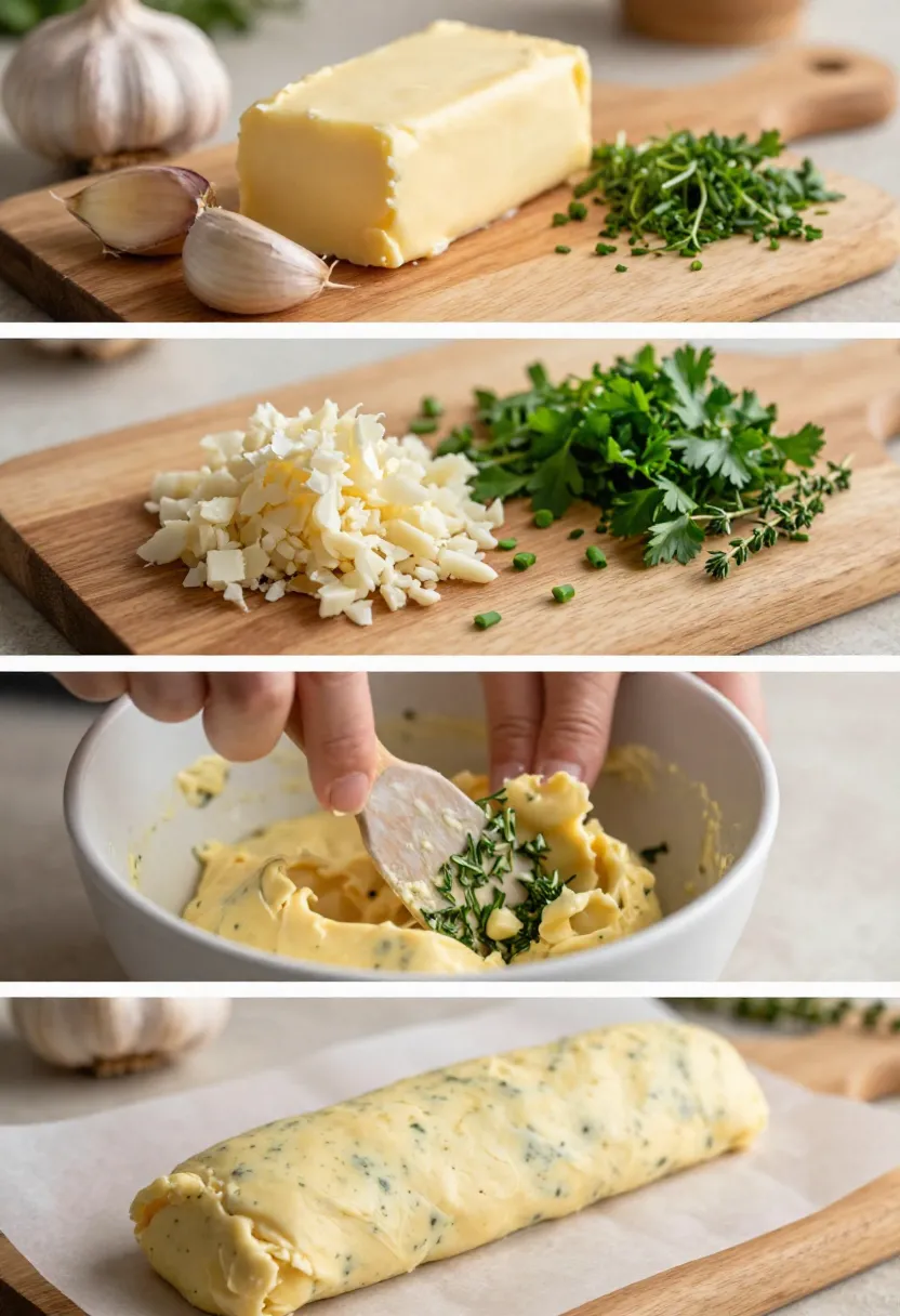 Step-by-step collage of preparing garlic herb butter from fresh ingredients to finished butter log.