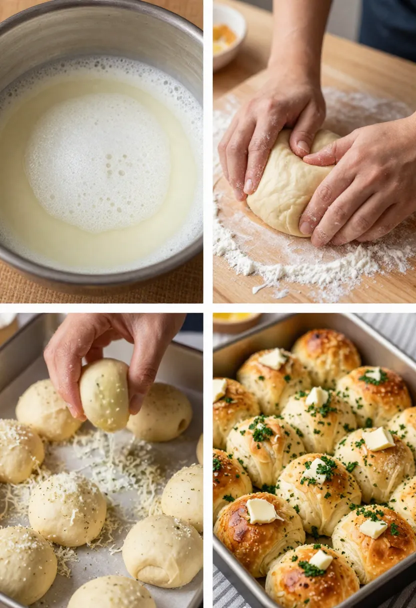 Step-by-step collage of making garlic Parmesan pull-apart rolls from dough to baked bread.