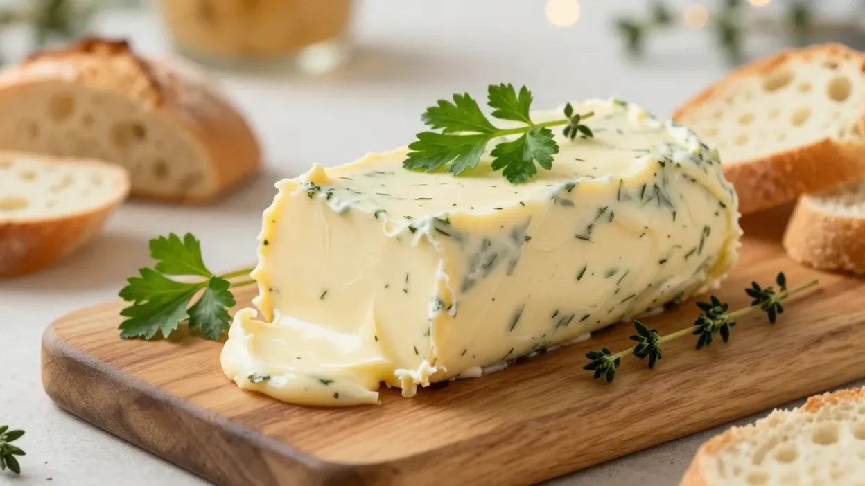 Festive garlic herb butter log with fresh herbs and warm bread in soft golden light.
