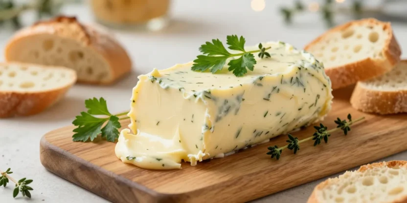 Festive garlic herb butter log with fresh herbs and warm bread in soft golden light.
