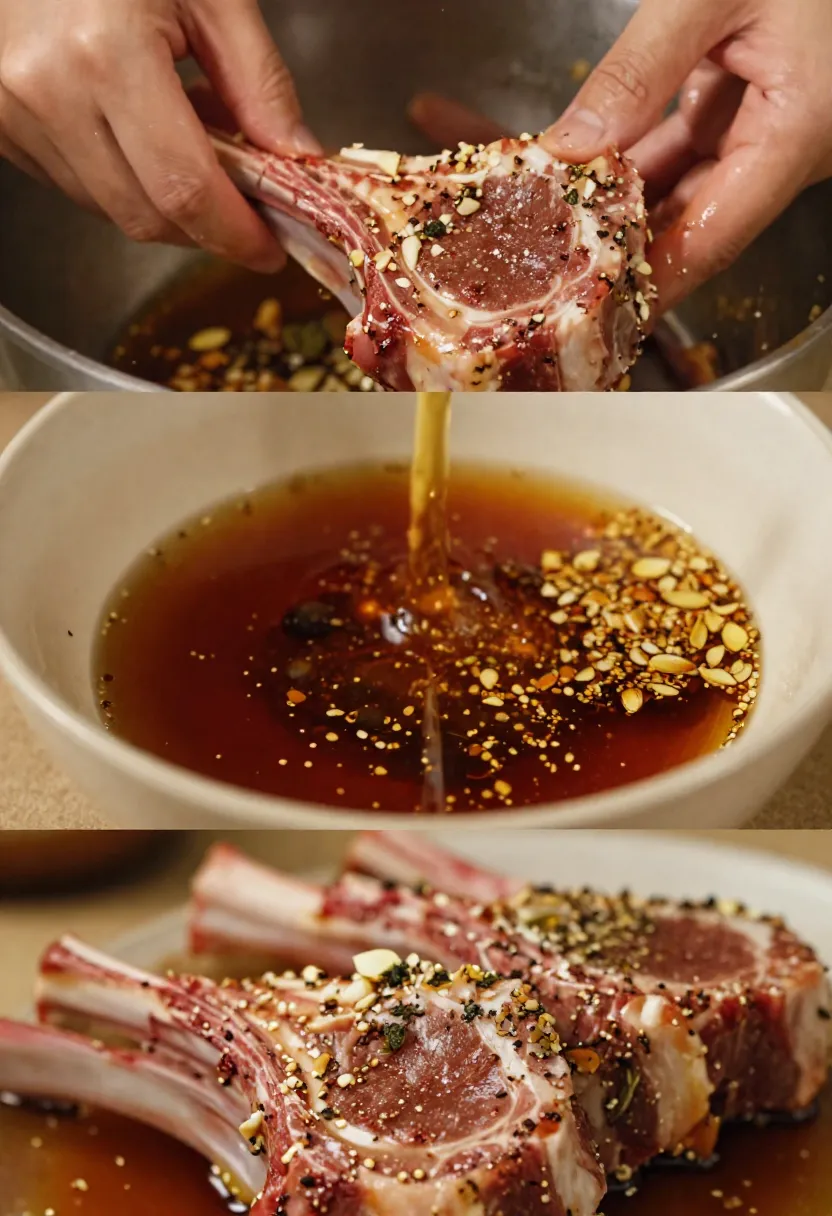 Collage of lamb chops being marinated with spices, herbs, and sauce