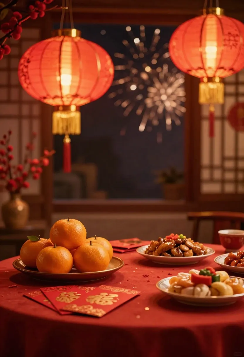 Chinese New Year decorations with lanterns and festive food.