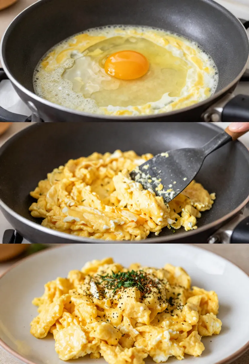 Collage showing tips for cooking creamy curried scrambled eggs.
