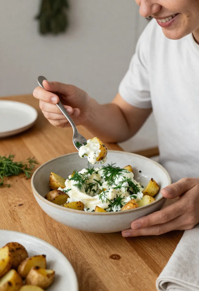 Person enjoying creamy roasted potato and dill salad at table