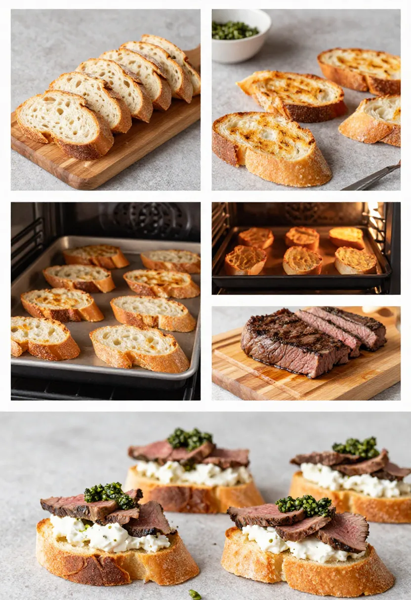 Collage showing crostini preparation tips and steps