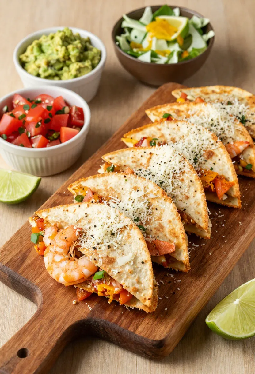 Shrimp quesadillas served with salsa, guacamole, and fresh salad