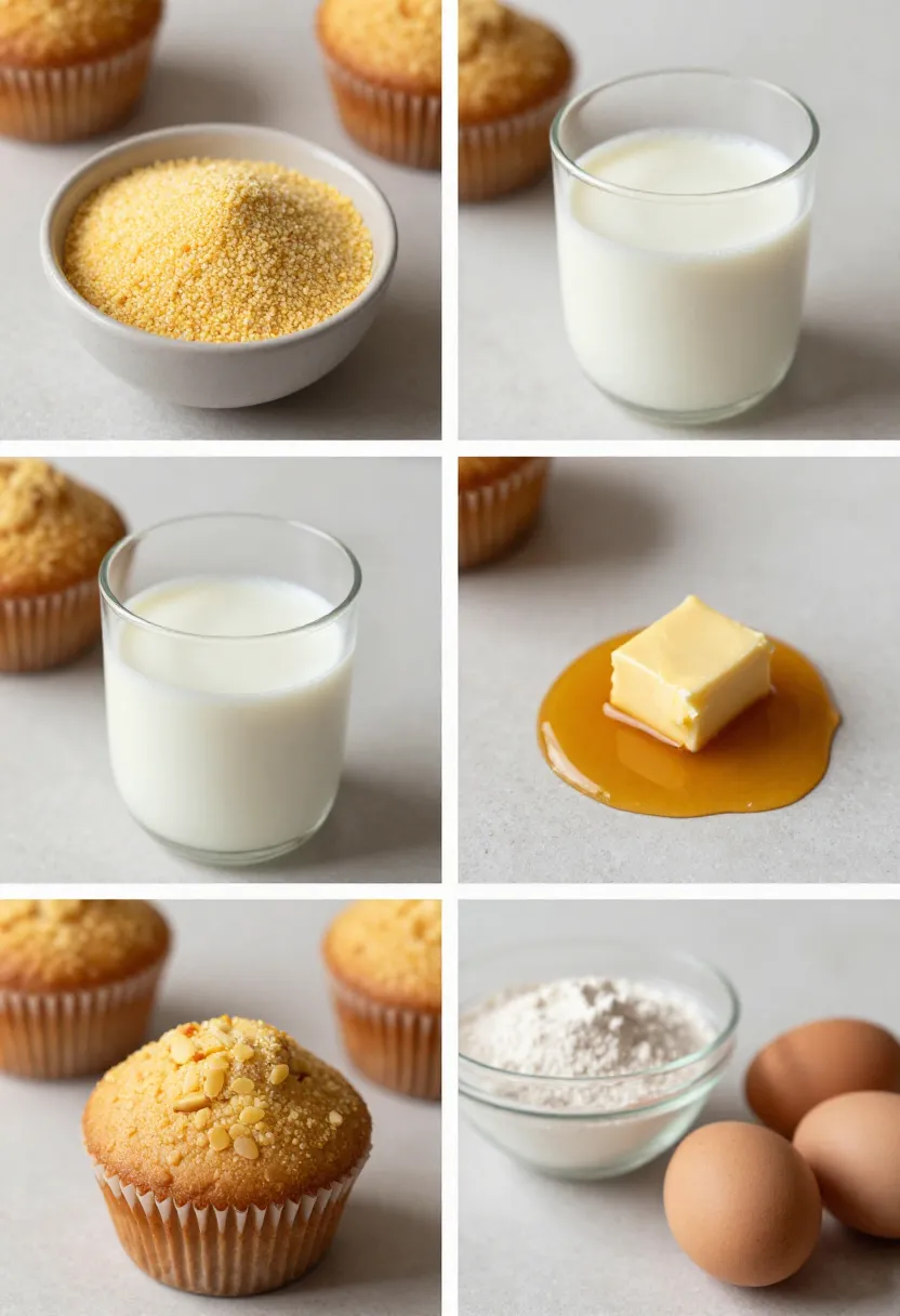 2–4 frame collage of cornbread ingredients including cornmeal, butter, and buttermilk