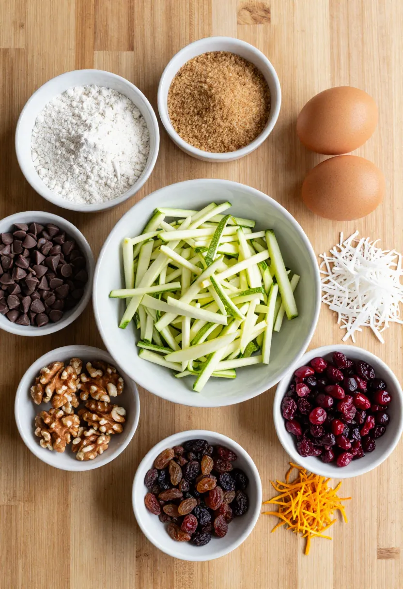 Ingredients and add-ins for homemade zucchini bread recipe