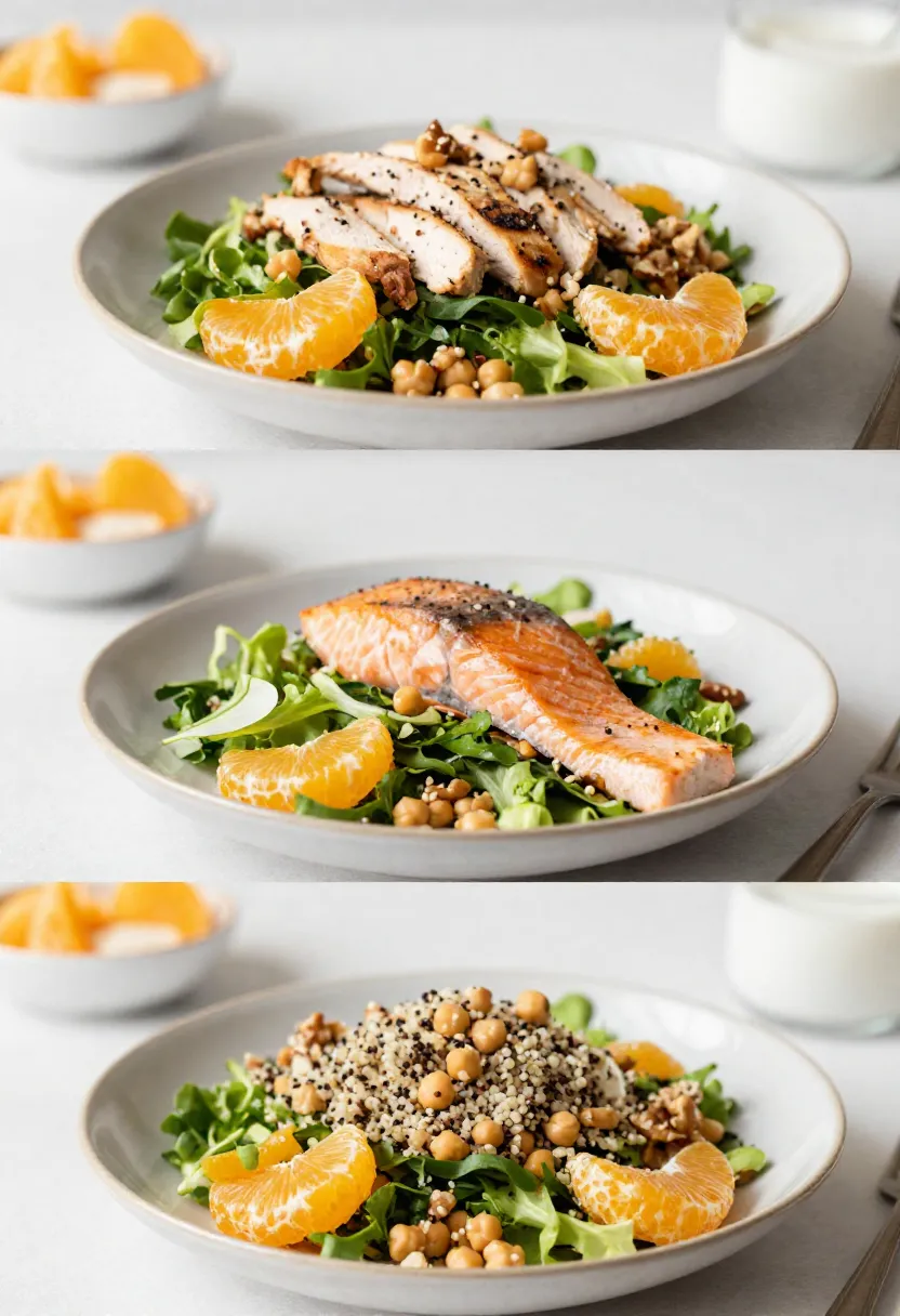Collage of mandarin salad with chicken, salmon, and plant-based options