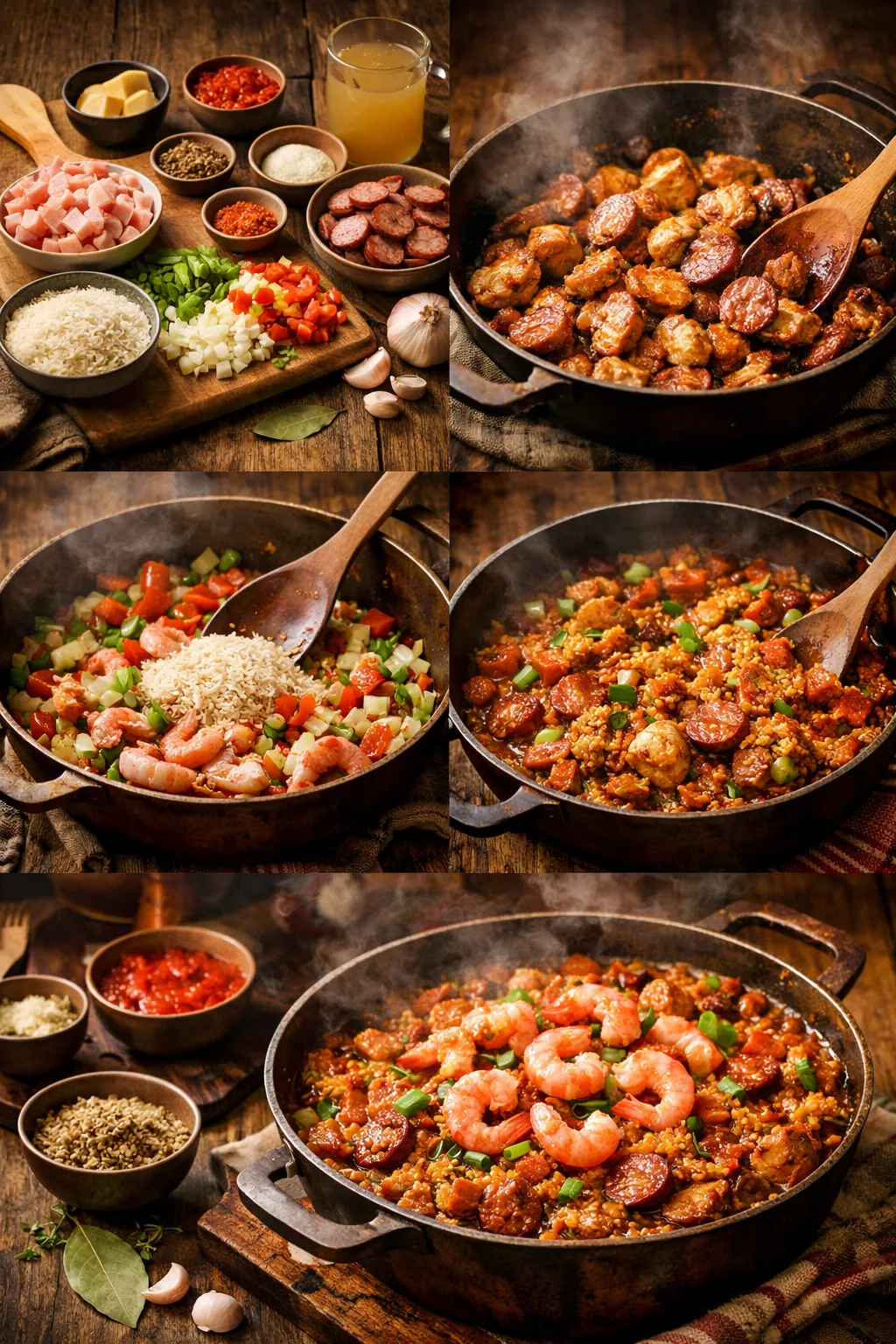 Collage showing step by step cooking process of jambalaya