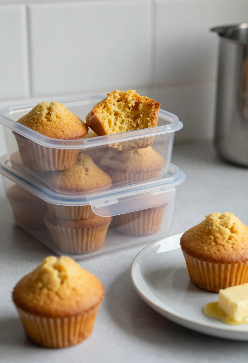 Cornbread muffins stored in container with reheated muffin and butter