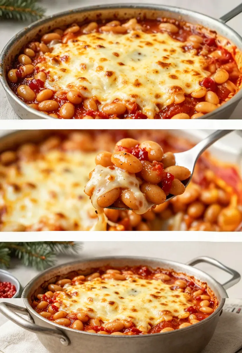 Collage of cheesy white bean bake with tomato sauce and melted cheese