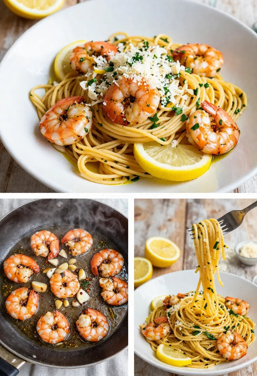 Lemon garlic shrimp pasta with parsley and parmesan cheese.