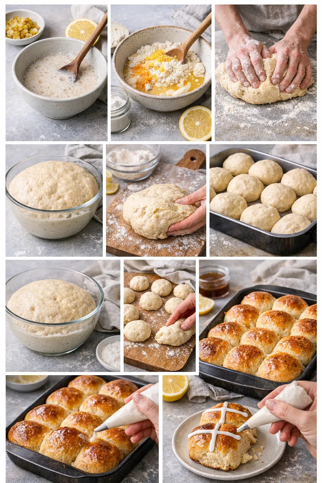 Step-by-step collage of making lemon hot cross buns