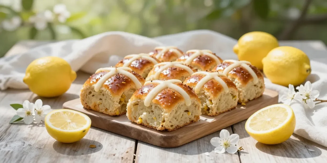 Fresh lemon hot cross buns with icing in a bright spring setting