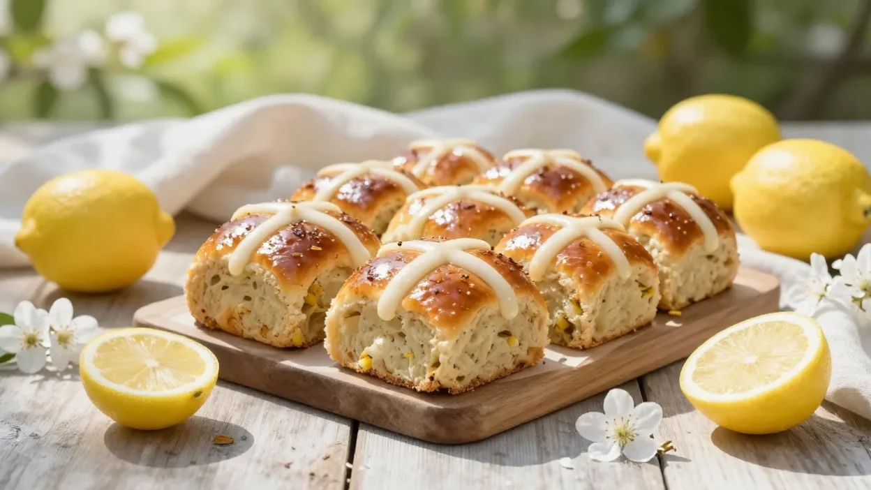 Fresh lemon hot cross buns with icing in a bright spring setting