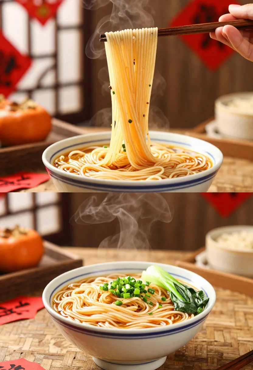 Longevity noodles lifted with chopsticks for Chinese New Year.