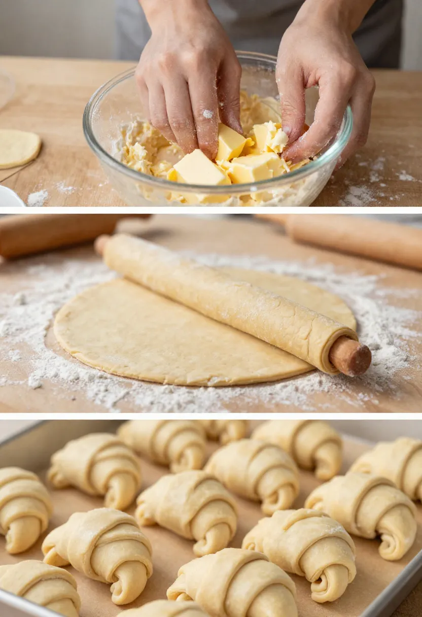Collage of rugelach dough mixing, rolling, and shaping steps