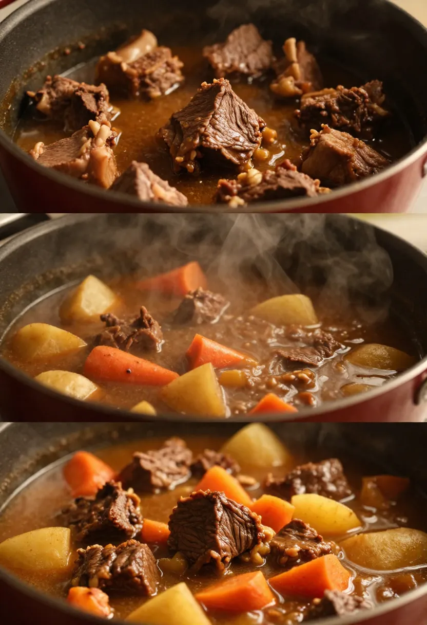 Beef and vegetables simmering in a pot with visible steam and deepening broth.