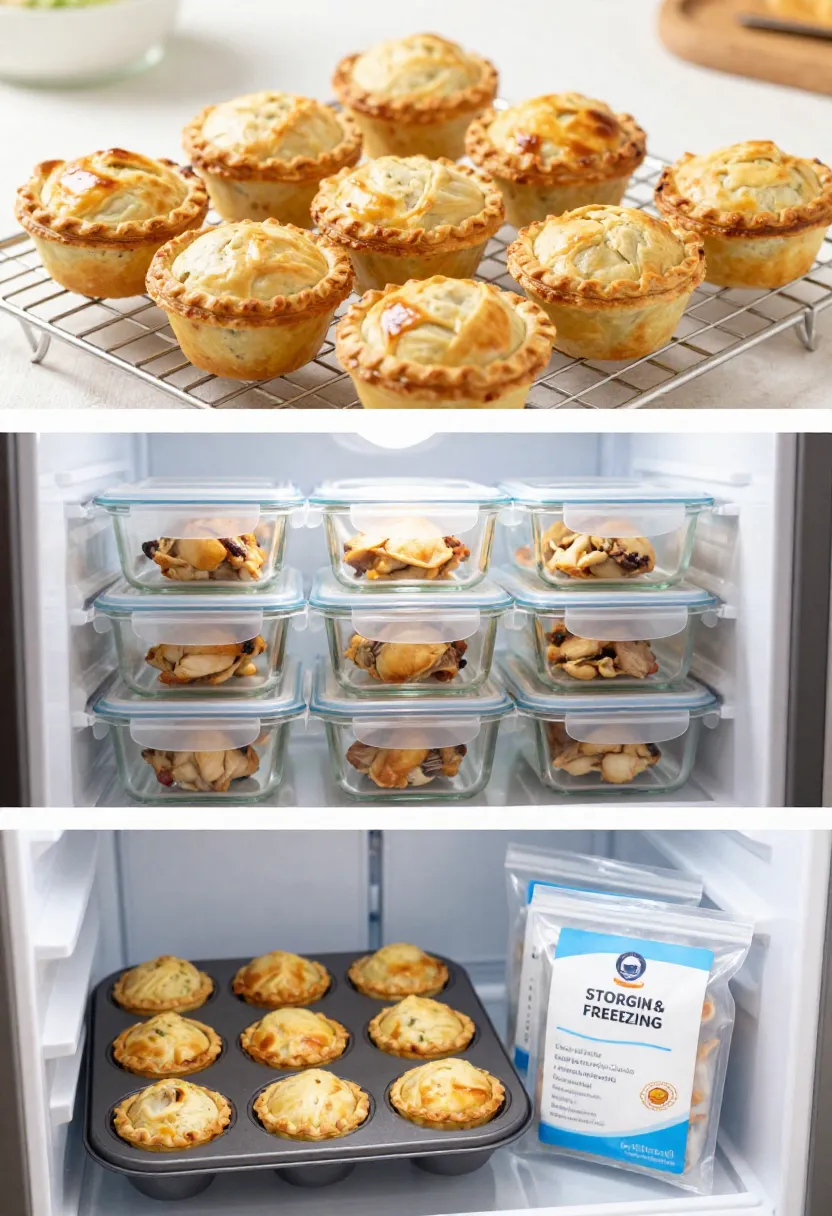 Collage of mini chicken pot pies cooling, stored in fridge, and frozen for later.