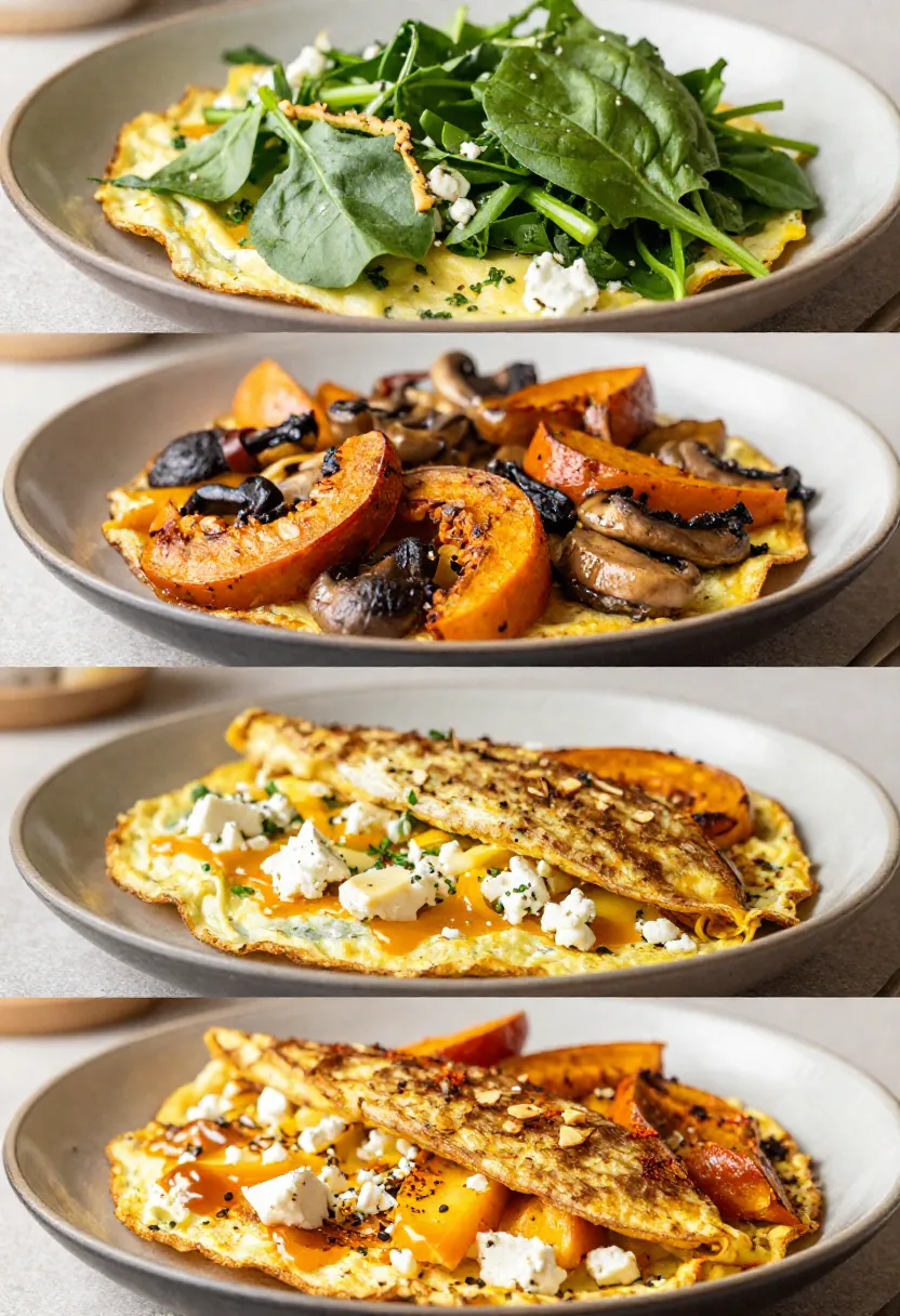 Collage of different variations of pumpkin and feta omelette